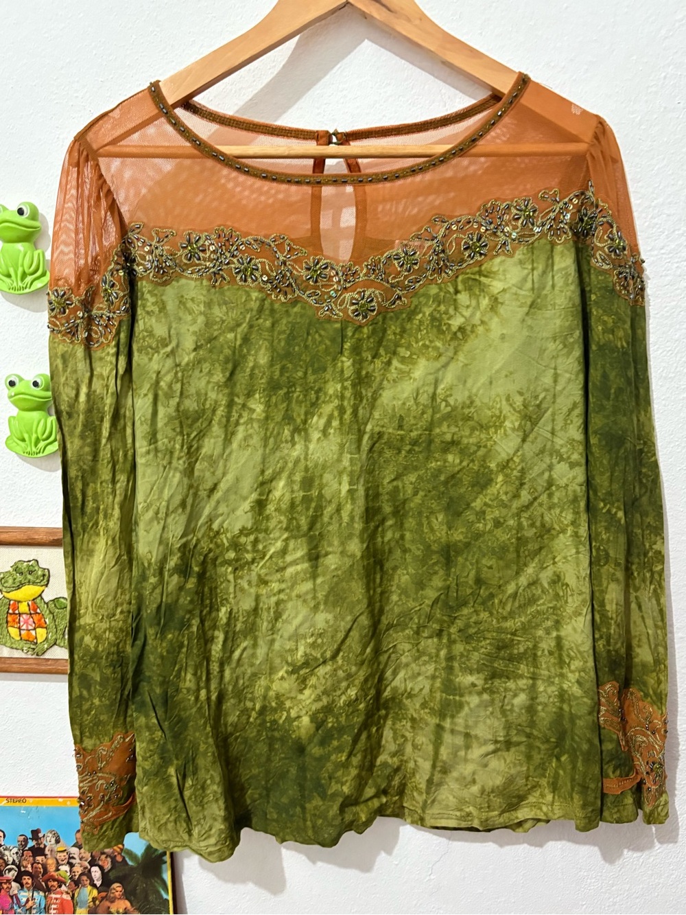 Y2K Women’s Embroidered Olive Green Mesh Tie Dye Beaded Long Sleeve Top